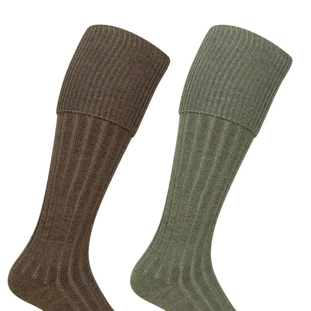 Two knee-high brown and olive green shooting socks in a plain turnover twin pack