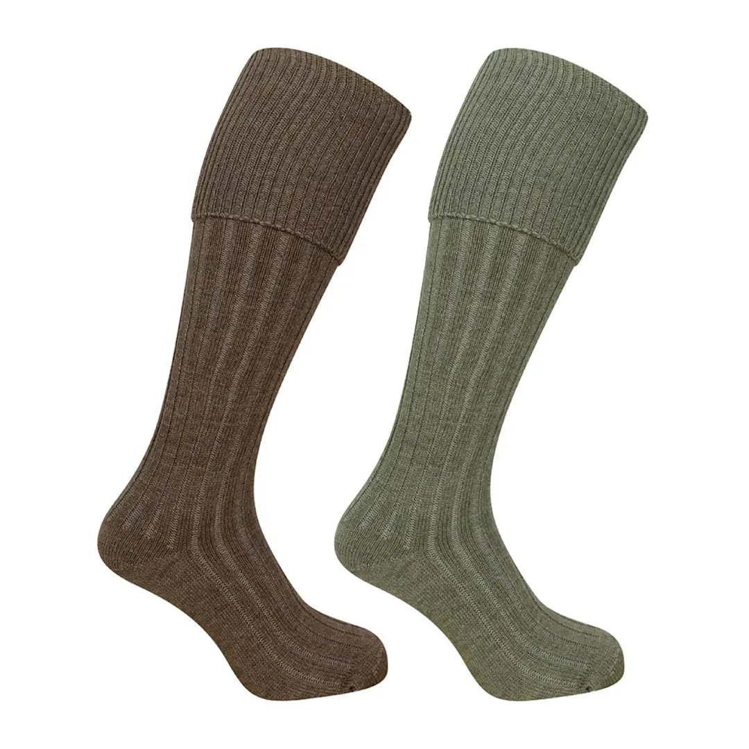 Pair of brown and olive green knee-high shooting socks in a plain turnover twin pack