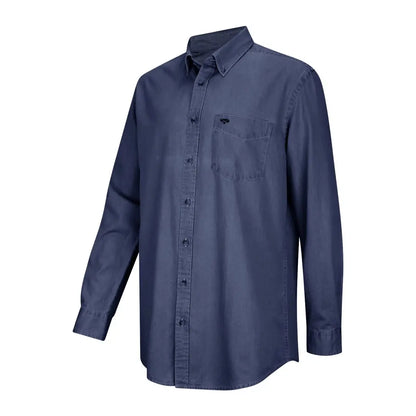 Navy blue long sleeved denim shirt with a chest pocket from Hoggs of Fife Archerfield