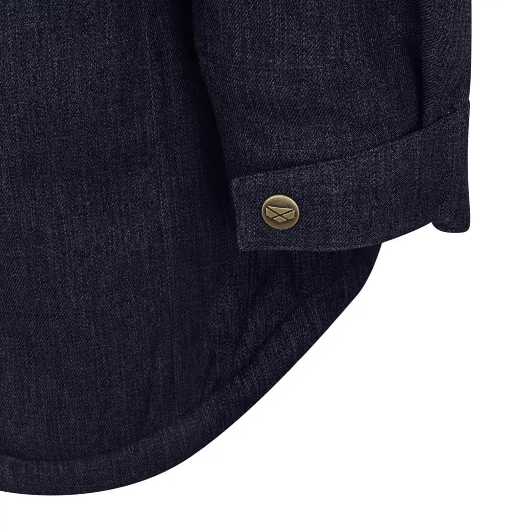 Dark denim shirt cuff with brass button from Hoggs of Fife Argyll II Jacket, a smart combination