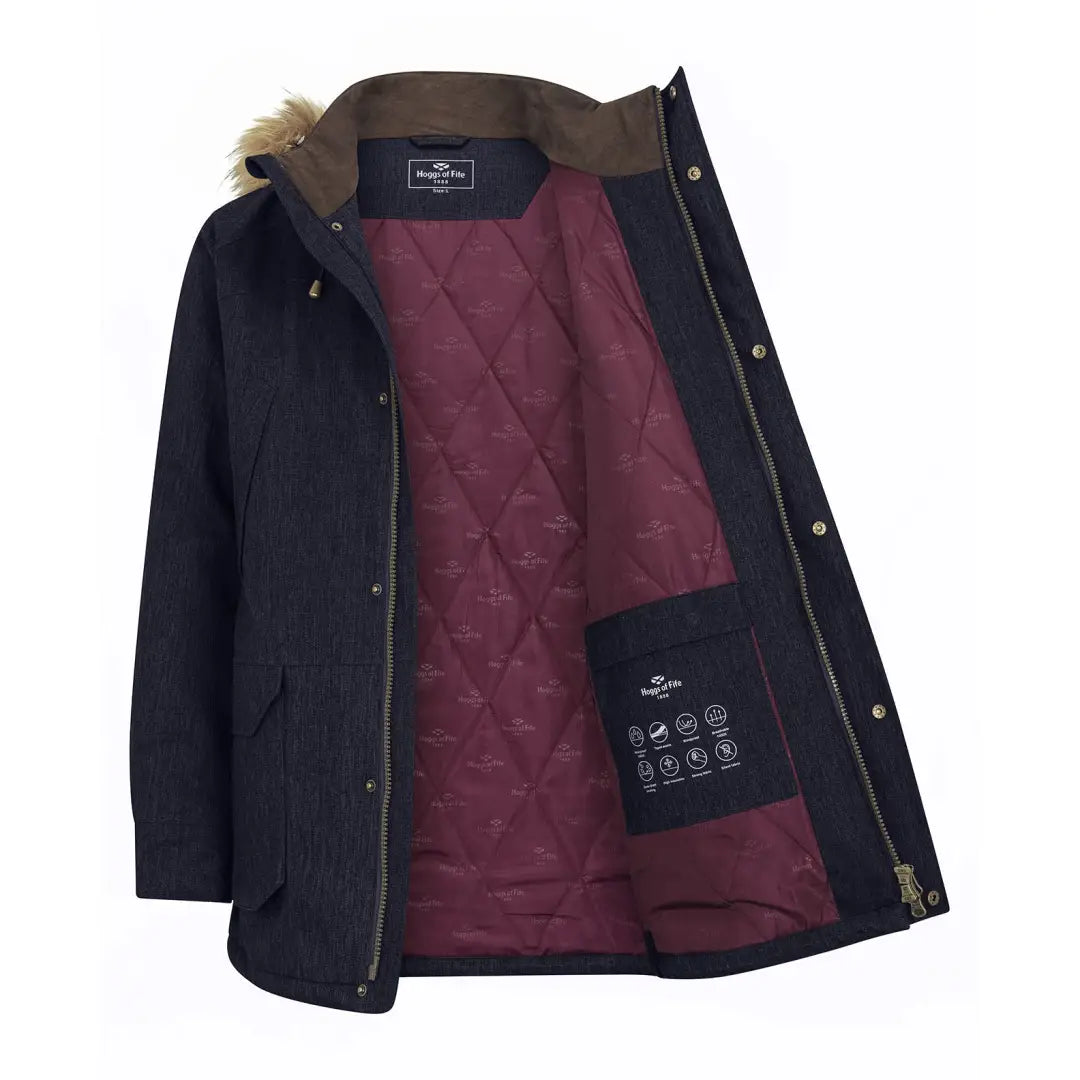 Winter coat with navy exterior and burgundy lining, showcasing thoughtful design in Argyll II jacket