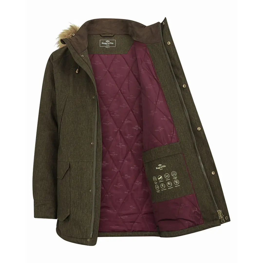 Hoggs of Fife Argyll II Jacket in olive green with burgundy lining, perfect blend of style and tech