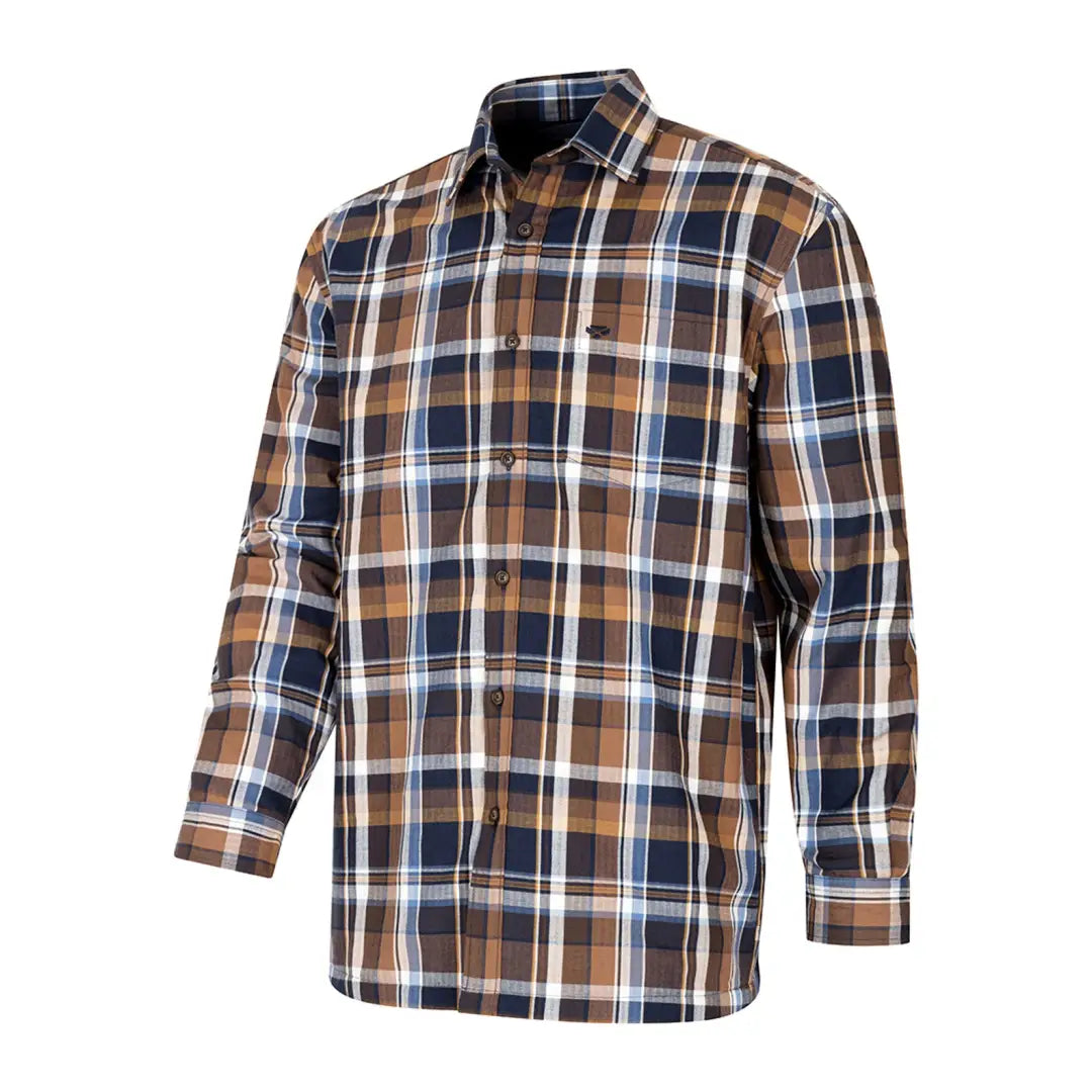 Plaid fleece lined button-up shirt in brown, navy, and white from Hoggs of Fife