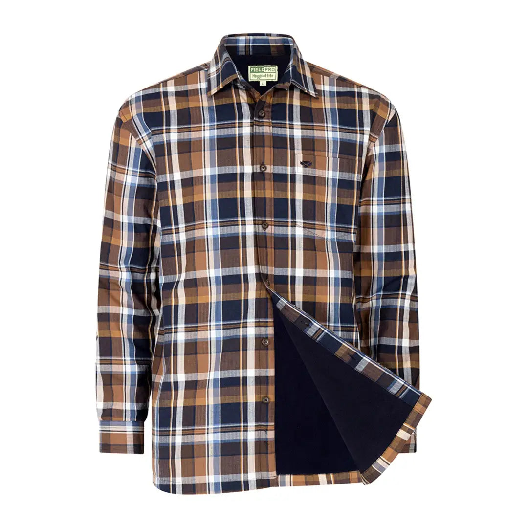 Plaid flannel shirt with navy blue lining, a cozy fleece lined best selling garment