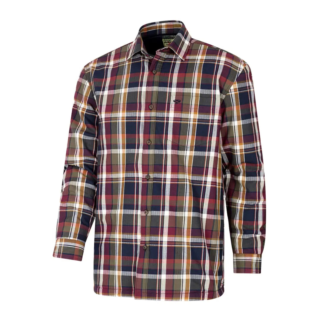 Plaid button-up shirt in burgundy, navy, yellow; Hoggs of Fife Arran Micro Fleece lined