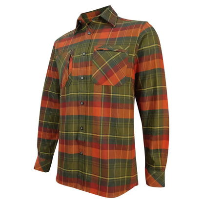 Luxurious long sleeved Hoggs Of Fife shirt with autumn plaid in green, orange, and red