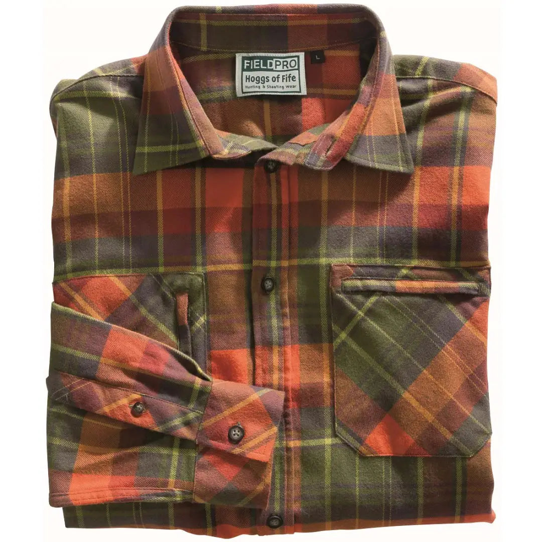 Luxurious long sleeved Hoggs Of Fife Autumn shirt with orange, green, and brown plaid