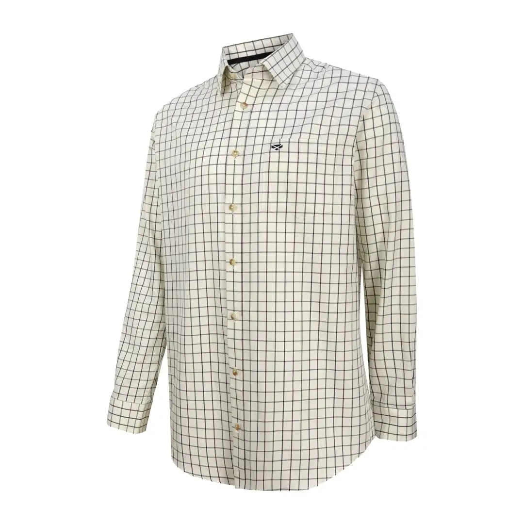 White button-down Fife Balmoral Luxury Tattersall shirt with black grid and logo