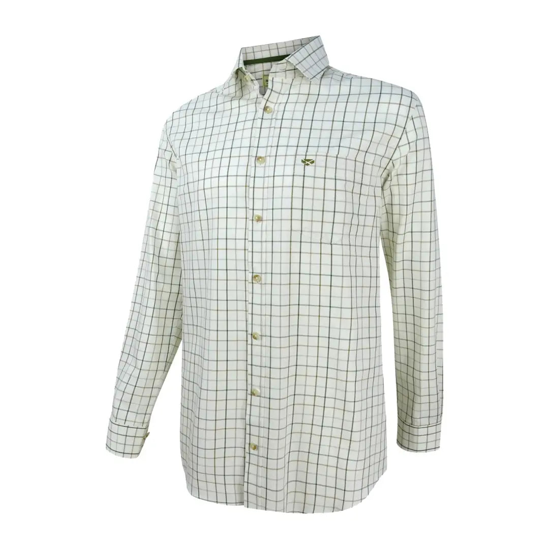 White button-down shirt with green and black checkered pattern, perfect for Balmoral Luxury Tattersall style