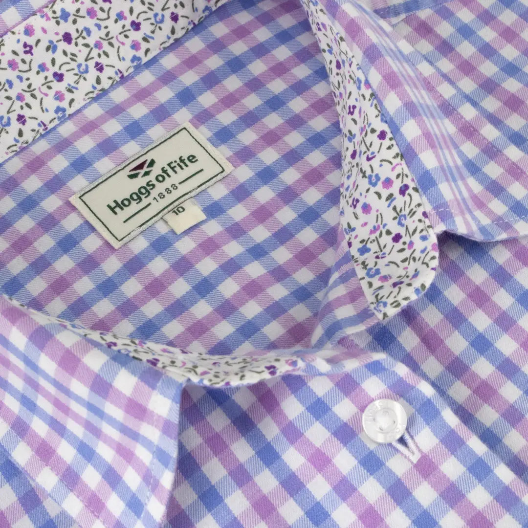 Checkered purple and blue Fife Becky II Ladies Cotton Shirt with floral collar detail