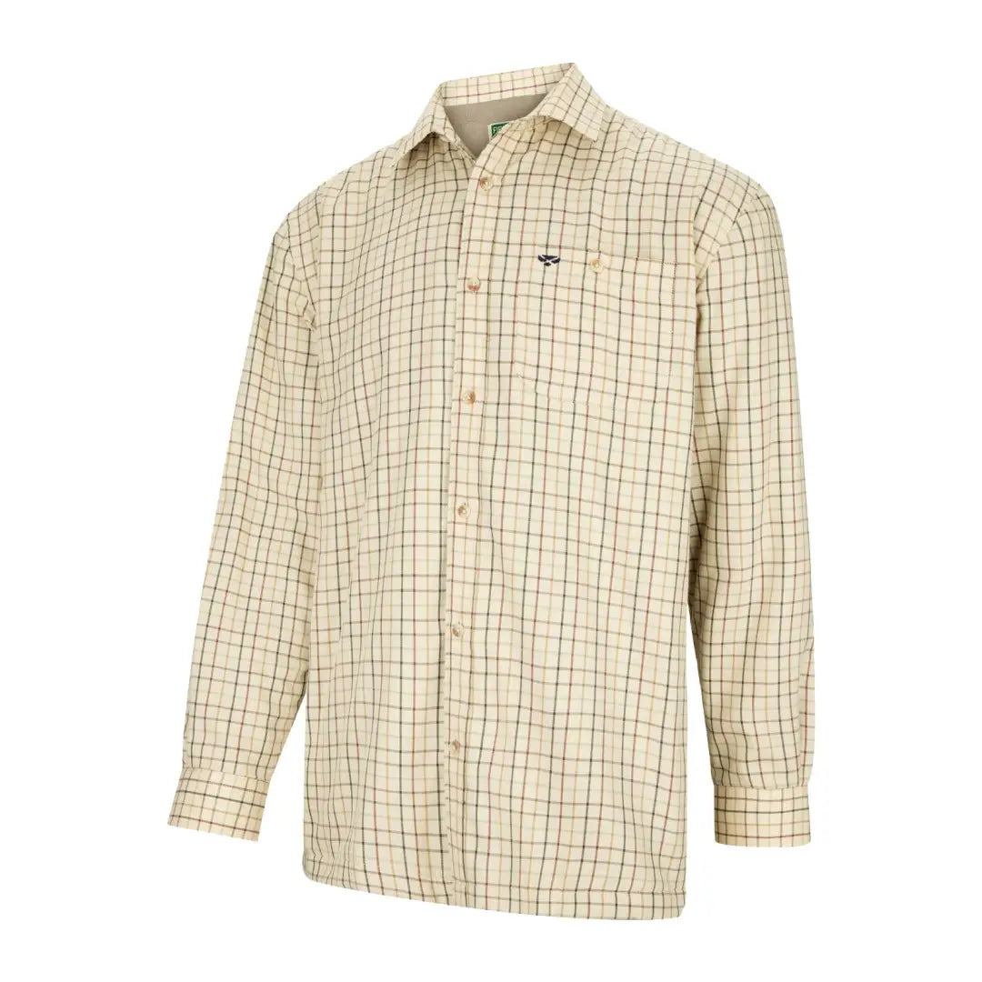 Beige plaid Hoggs Of Fife Birch fleece lined shirt with long sleeves and collar