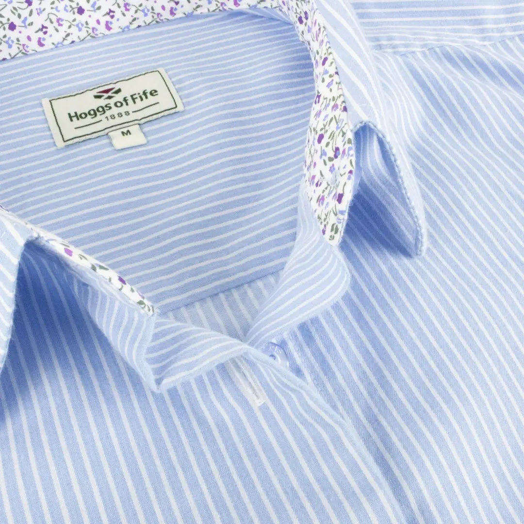 Light blue striped Bonnie II Ladies Cotton Shirt with floral collar and Hoggs of Fife label