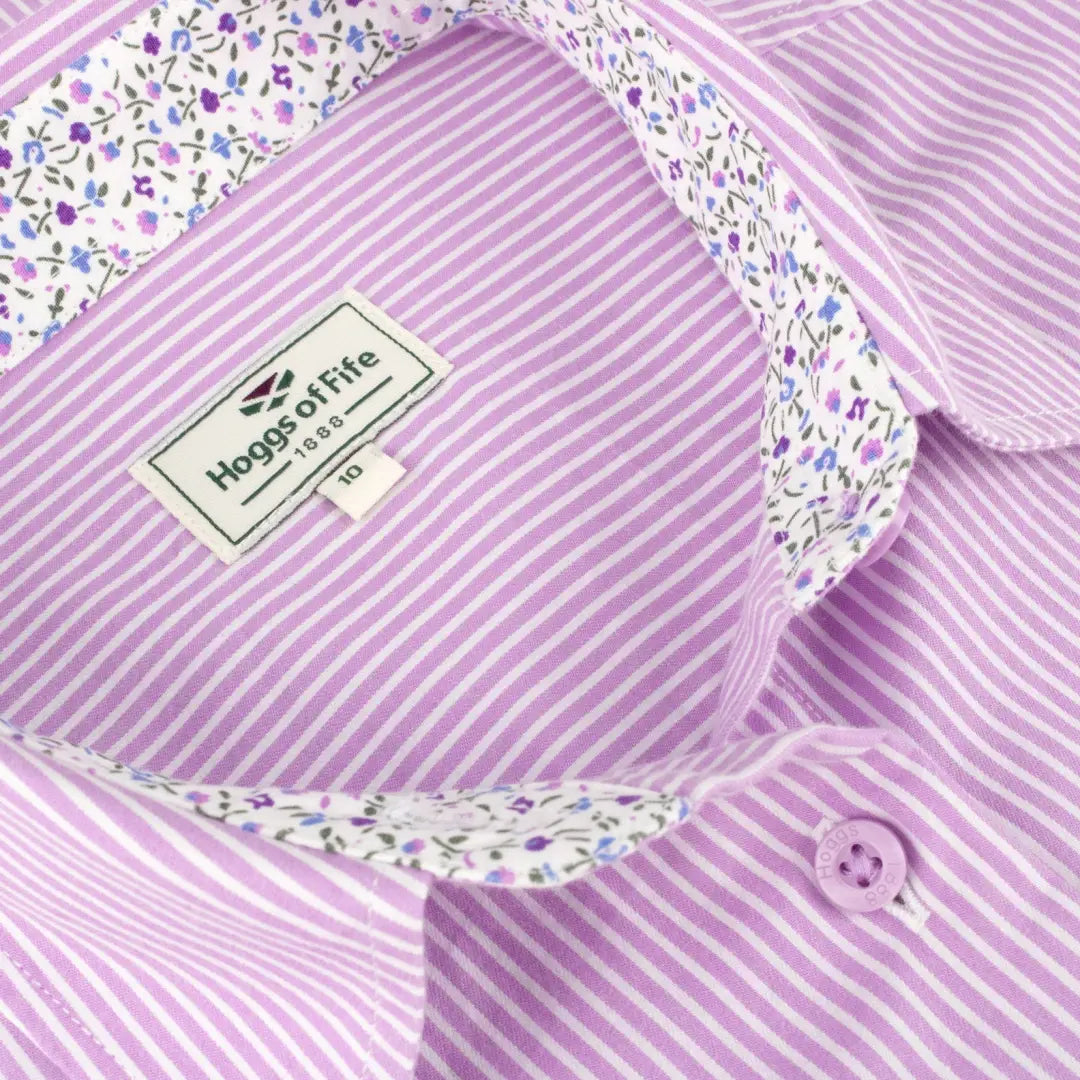 Lavender striped Bonnie II Ladies Cotton Shirt with floral collar detail and brand label