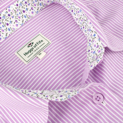 Lavender striped Bonnie II Ladies Cotton Shirt with floral collar detail and brand label