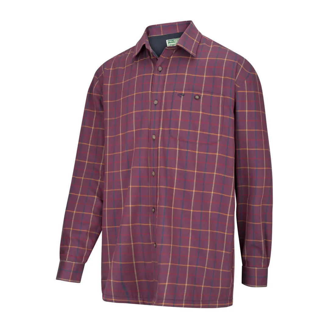 Burgundy plaid fleece lined shirt by Hoggs Of Fife with long sleeves and chest pocket