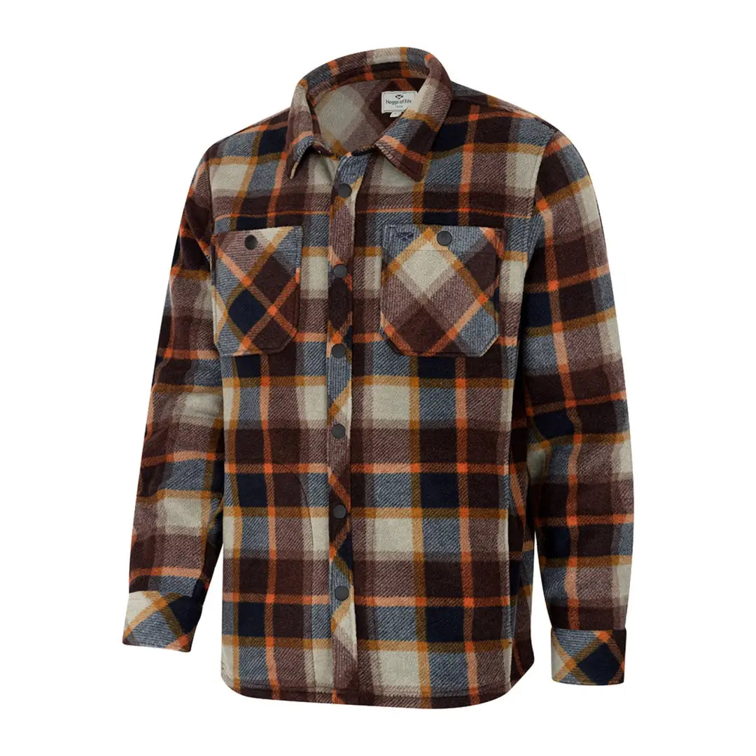 Plaid flannel Brucefield Fleece Shacket in brown, orange, blue, and cream colors