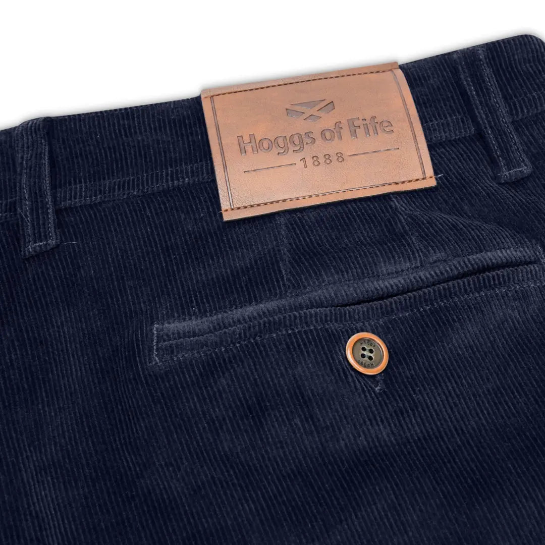 Navy blue corduroy trousers with Hoggs of Fife patch, perfect for country clothing and outdoors