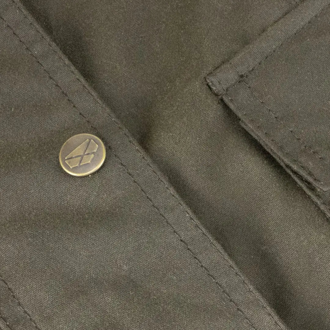 Stylized A button on Hoggs of Fife Caledonia Ladies Wax Jacket in gray fabric