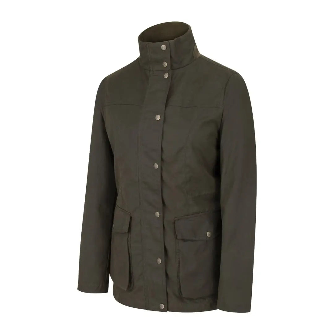 Dark green Hoggs of Fife Caledonia Ladies Wax Jacket with high collar and pockets