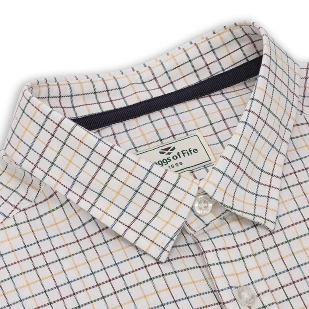 Checkered collar of Hoggs Of Fife Callum Fine Check Shirt with brand label visible