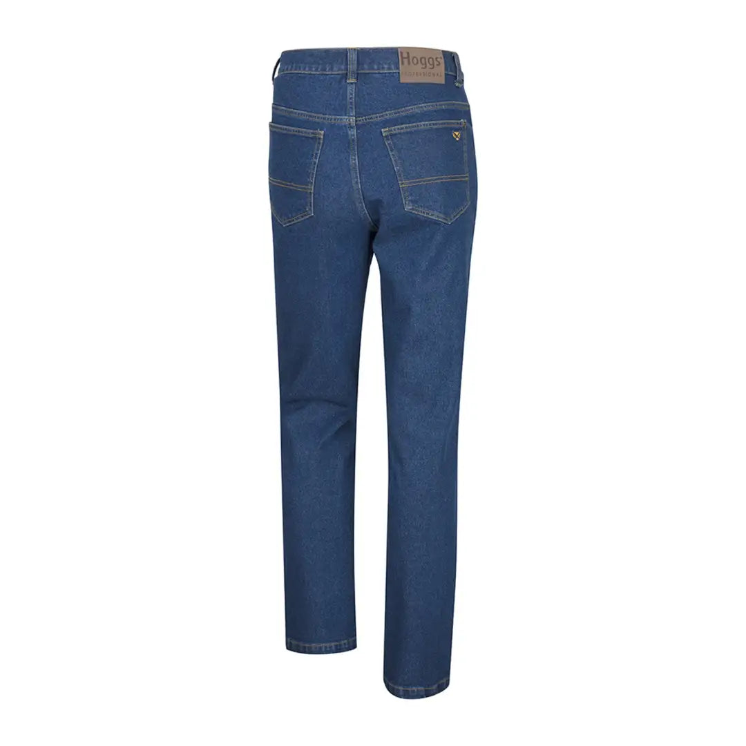 Blue denim jeans with back pockets and leather patch, perfect for country clothing adventures