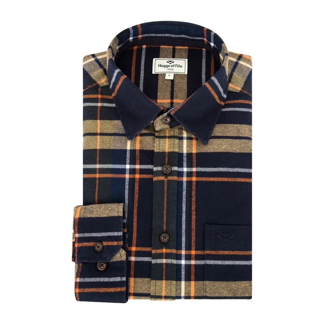 Plaid flannel button-up shirt with navy blue collar, perfect for country clothing and outdoors