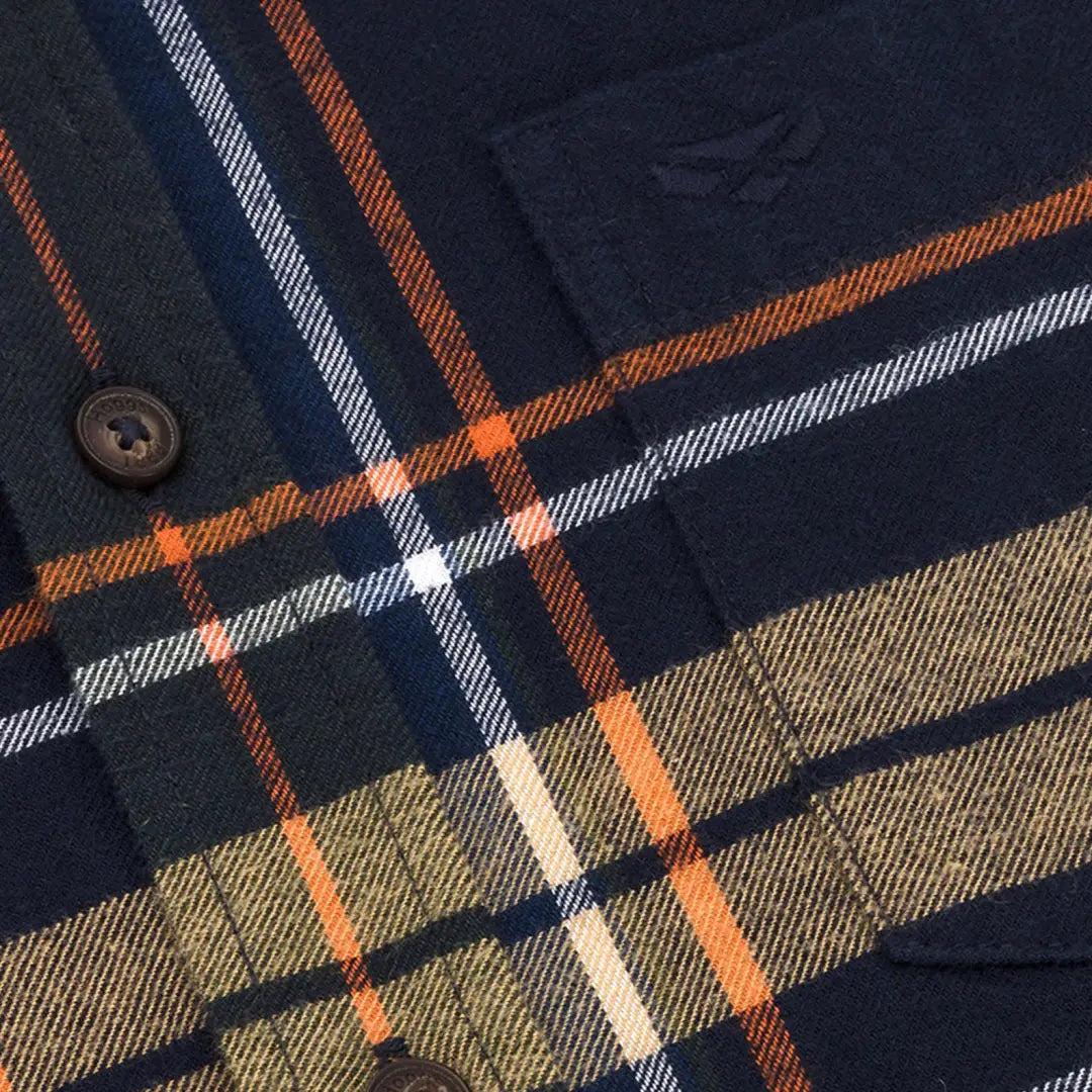 Plaid fabric in navy, orange, white, and tan for Hoggs of Fife country clothing shirt