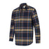 Plaid flannel shirt with navy, yellow, and red stripes perfect for country clothing and outdoors