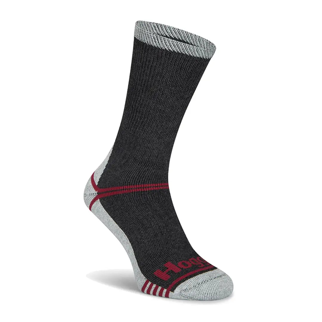 Dark gray sock with red accents, perfect for country clothing and outdoor adventures