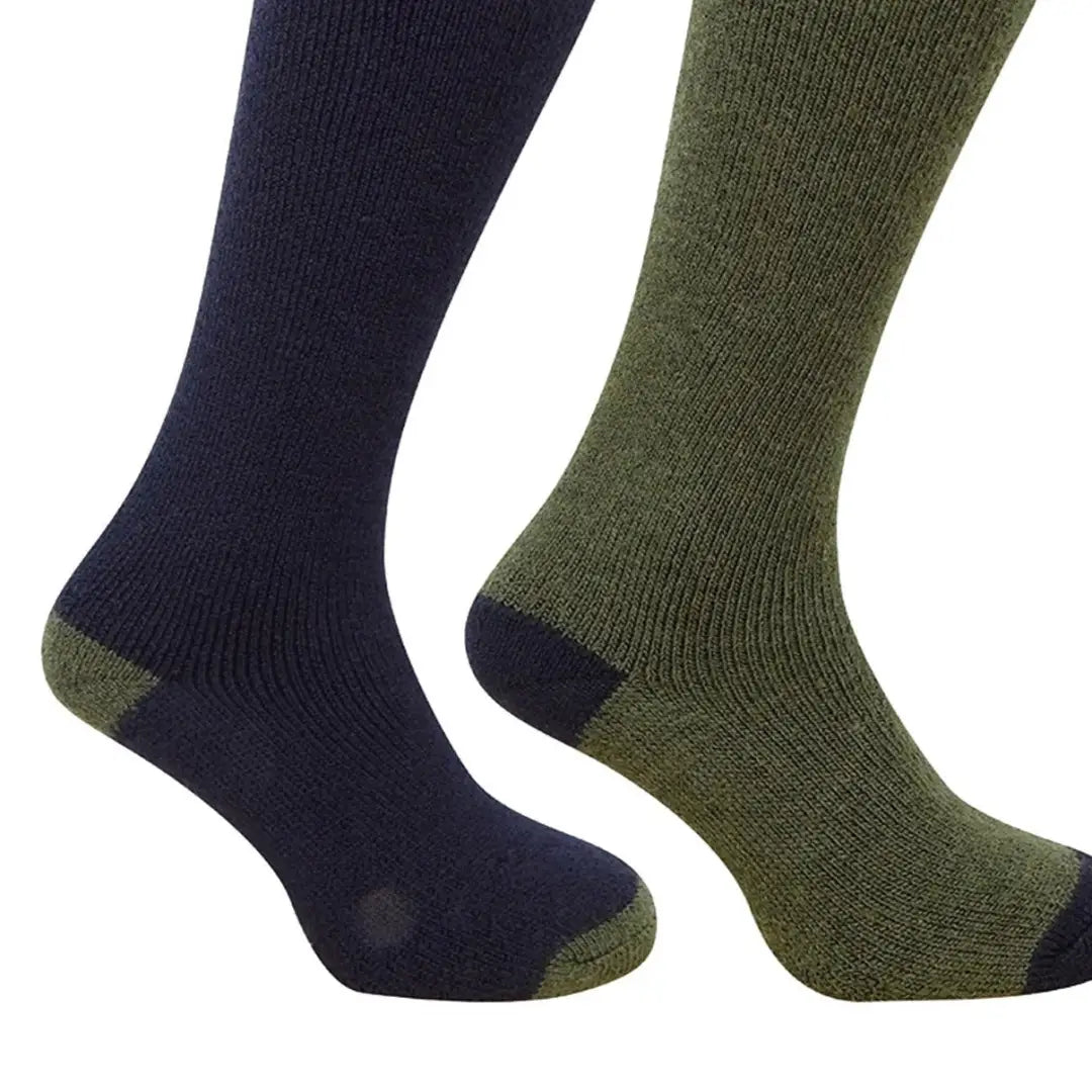 Two cozy Fife Country Long Socks in navy and olive with contrasting toes and heels