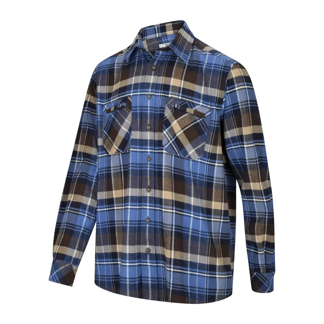 Plaid flannel button-up shirt in blue, brown, and white for Countrysport Luxury Hunting