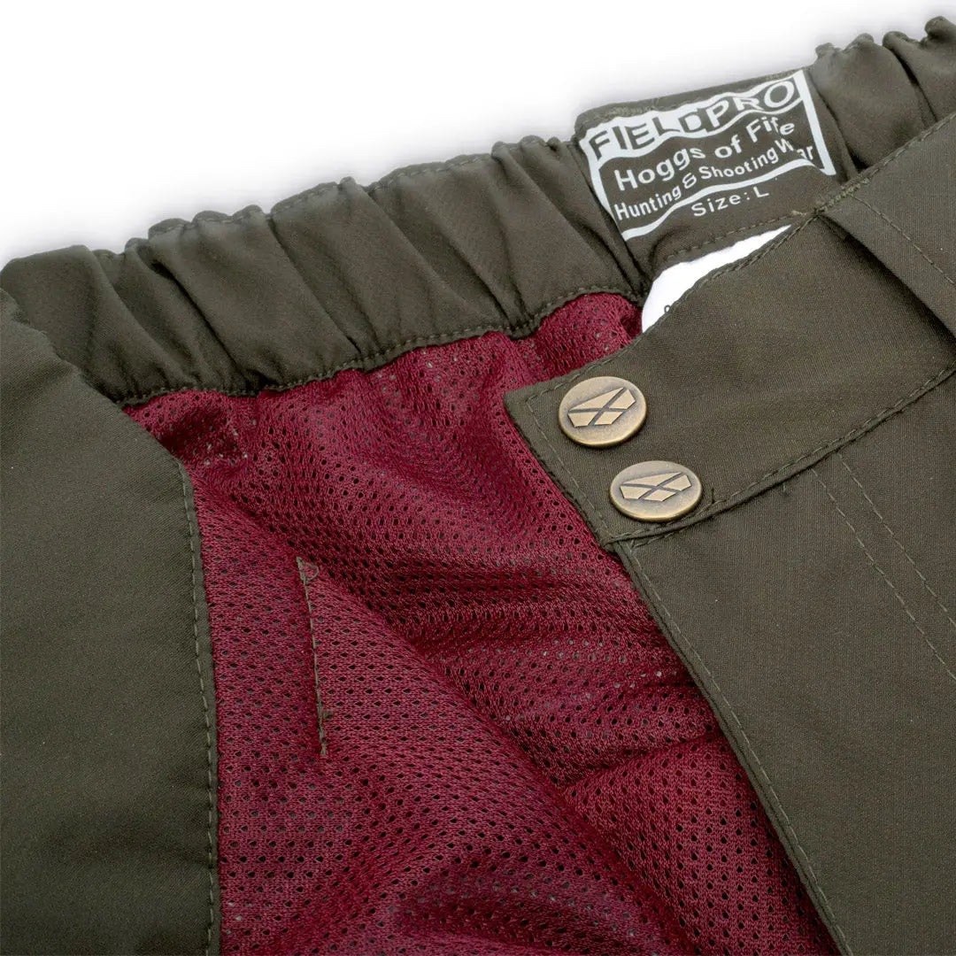 Olive green Hoggs of Fife Culloden Waterproof Trousers with burgundy mesh lining