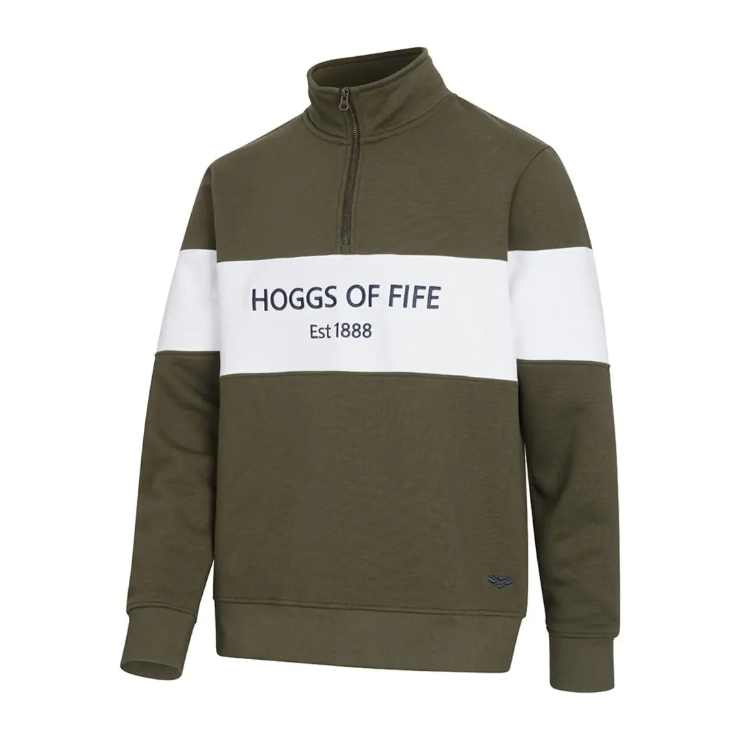 Olive green and white gents quarter zip sweatshirt with HOGGS OF FIFE Est 1888 print