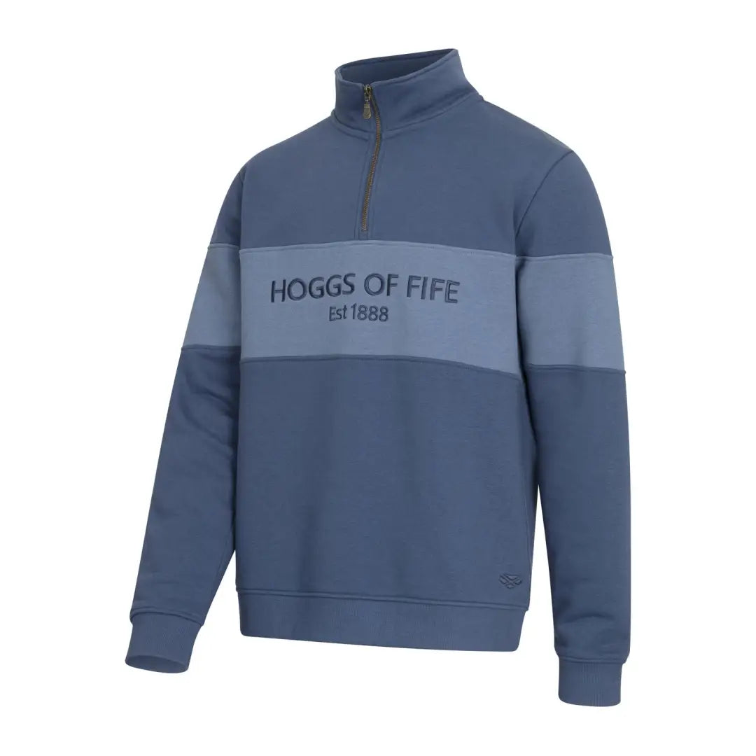 Blue quarter zip sweatshirt with HOGGS OF FIFE text for stylish gents wear