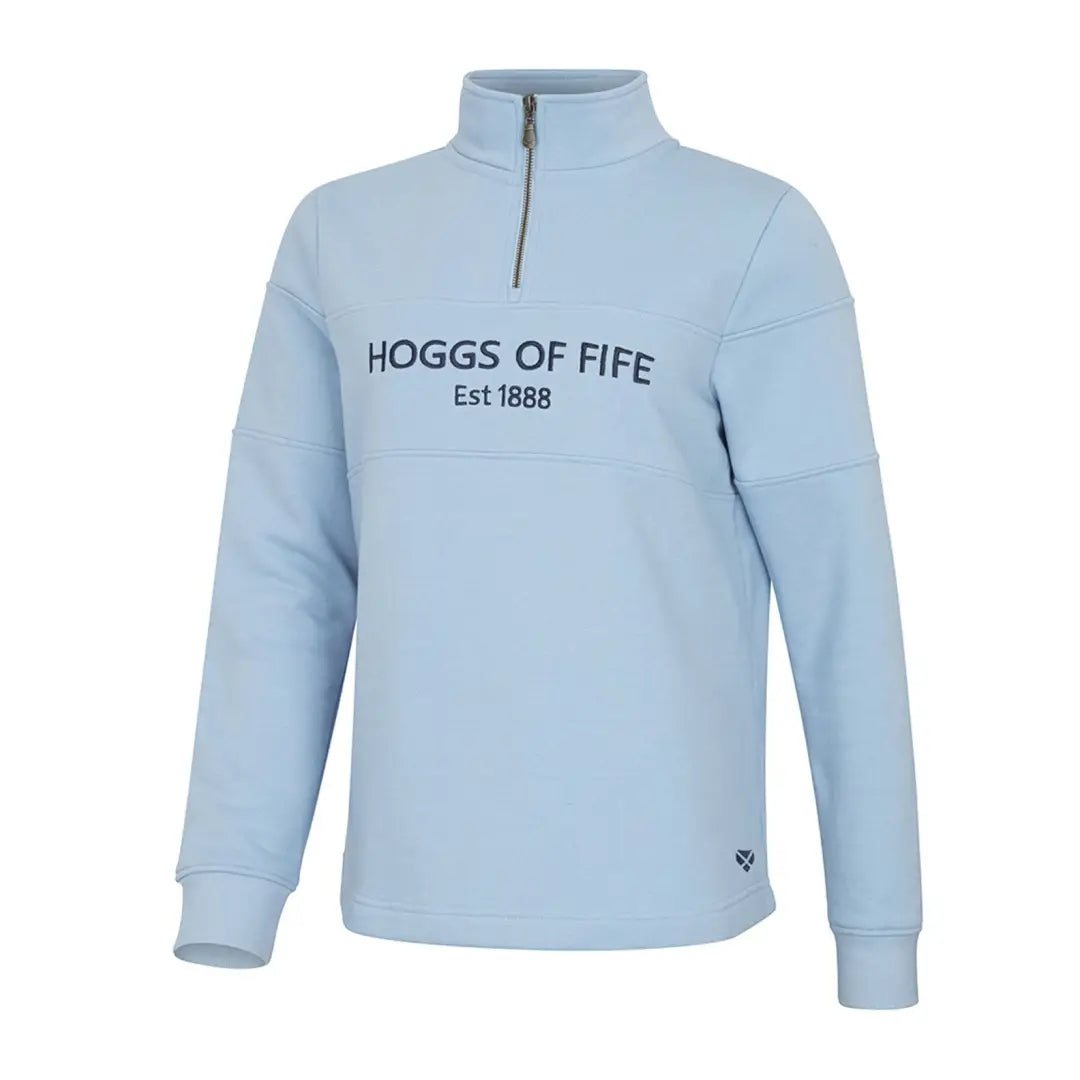 Light blue ladies quarter zip sweatshirt with HOGGS OF FIFE Est 1888 logo on chest