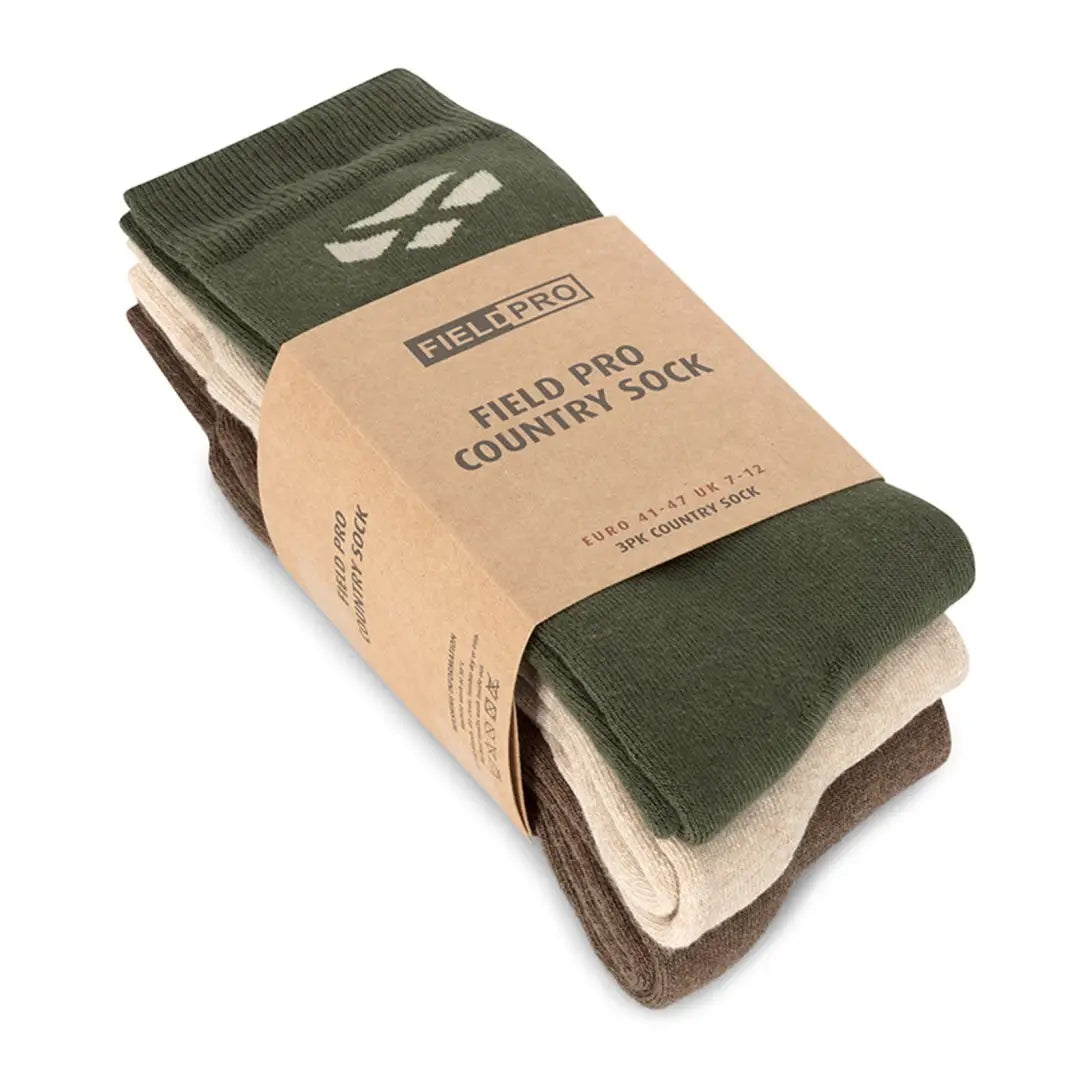 Pack of Hoggs Of Fife Field Pro Country Socks in earth tones with packaging