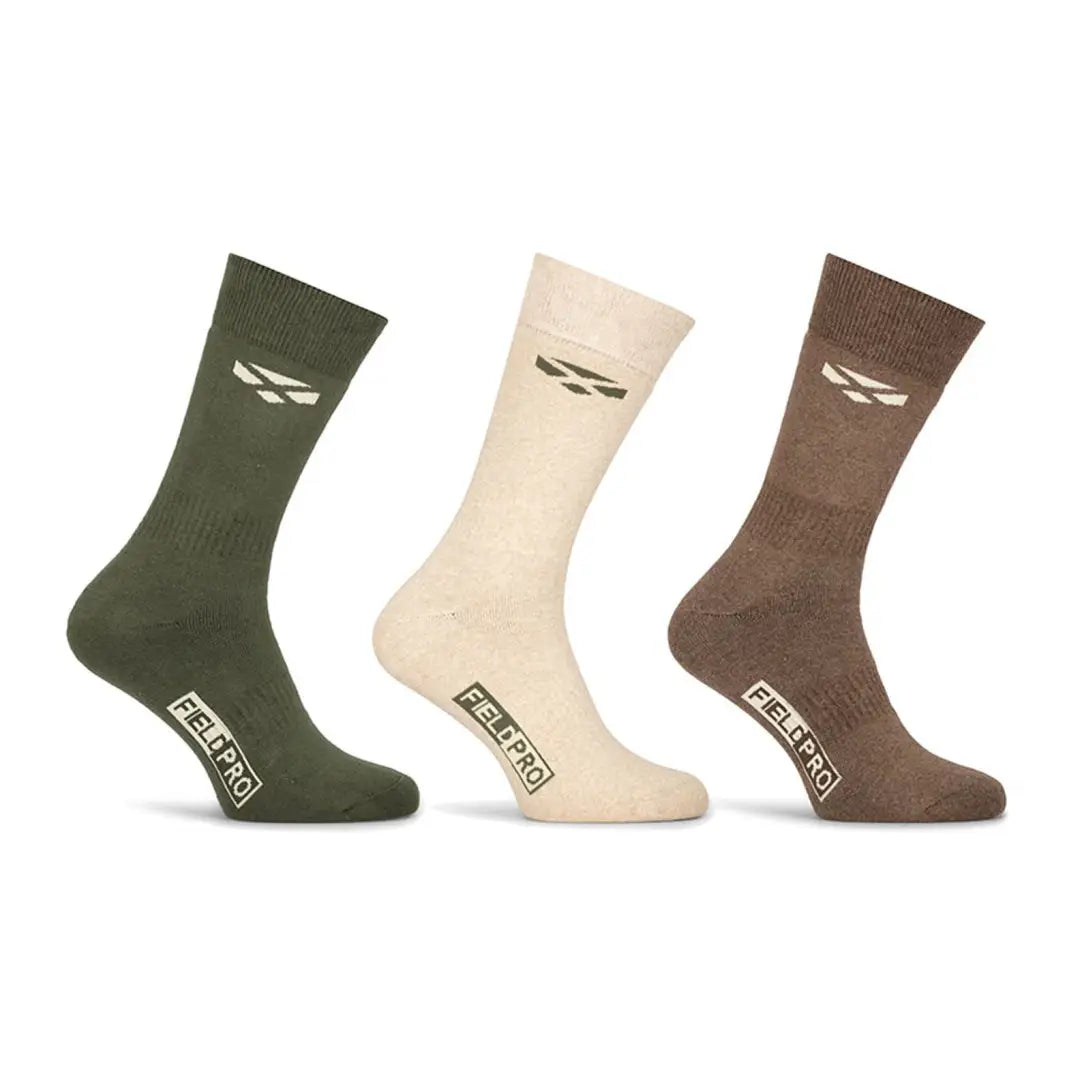 Three pairs of Hoggs Of Fife Field Pro Country socks in olive green, beige, and brown