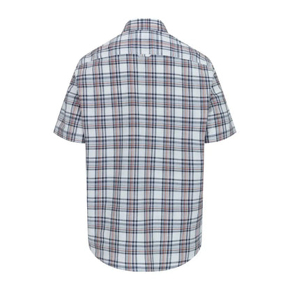 Short-sleeved plaid button-up in gray, white, and red for Fife Girvan style