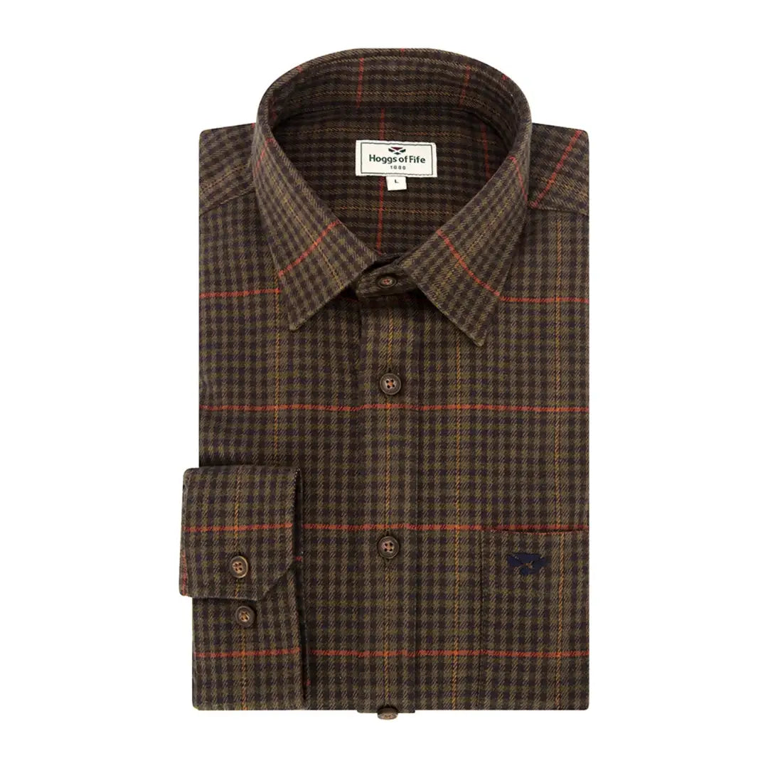 Plaid button-up dress shirt in brown and red, perfect for country clothing and outdoors adventures