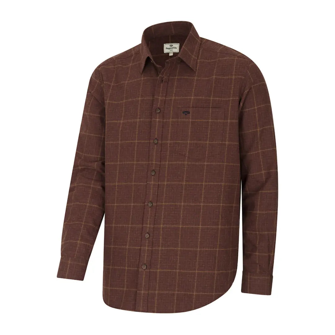 Brown plaid button-up shirt perfect for country clothing, hunting, and outdoor adventures