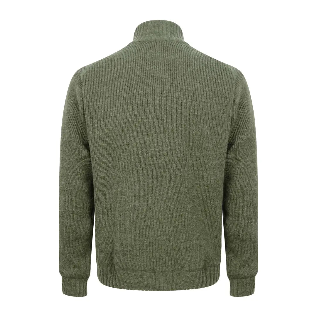 Olive green knit sweater with high collar from Hoggs Of Fife Hebrides Zip Neck Windproof Pullover