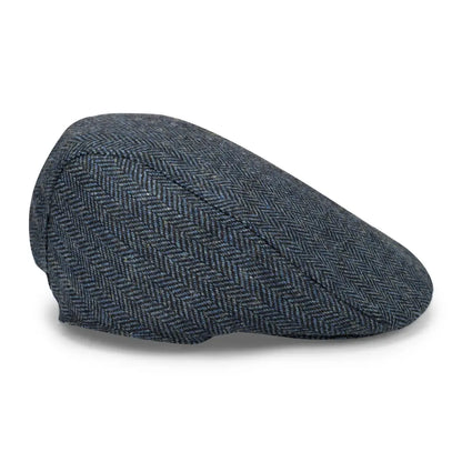 Dark gray herringbone tweed Flat Cap from Hoggs of Fife, a stylish waterproof tweed cap