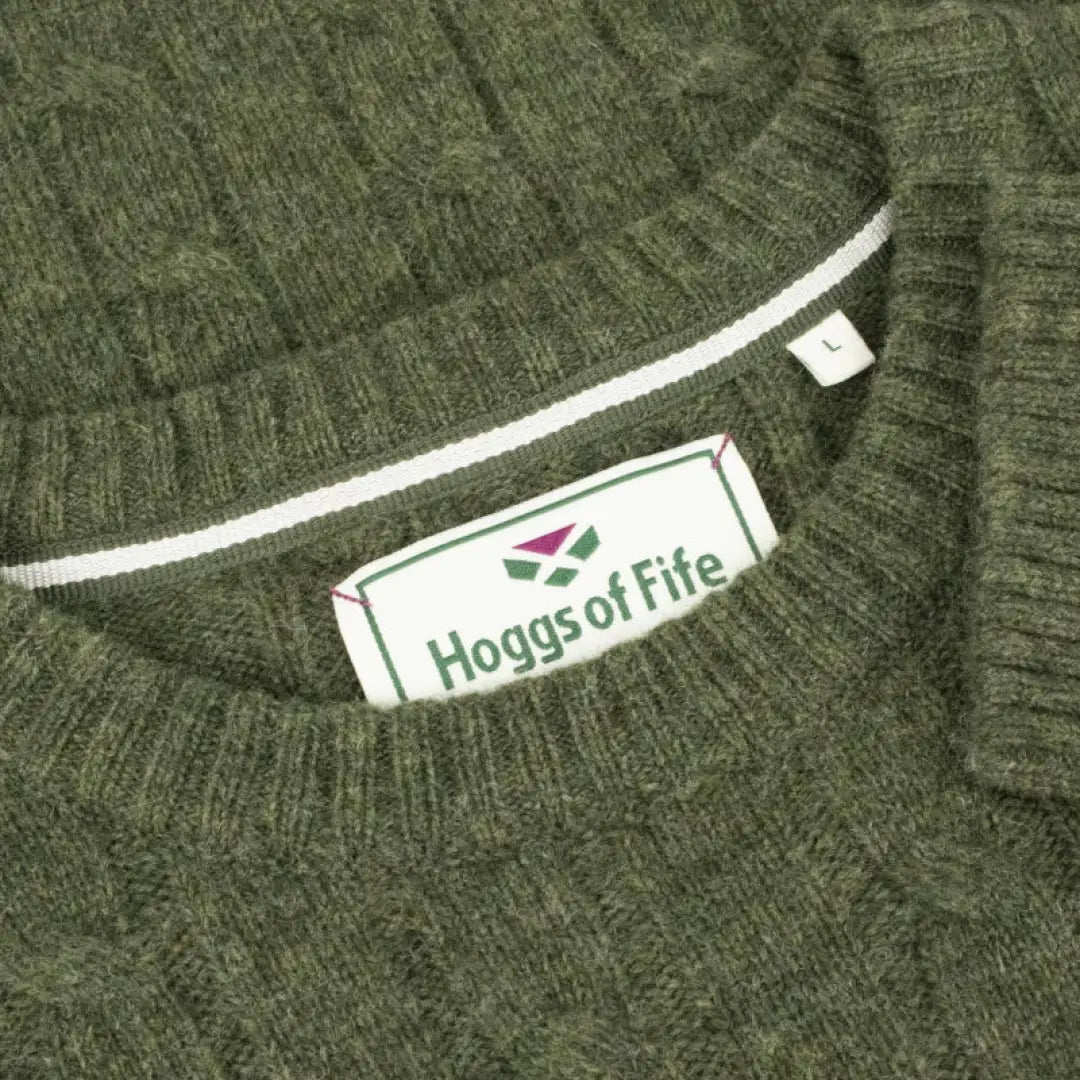 Green knitted crew neck sweater featuring Hoggs of Fife label on the Jedburgh design