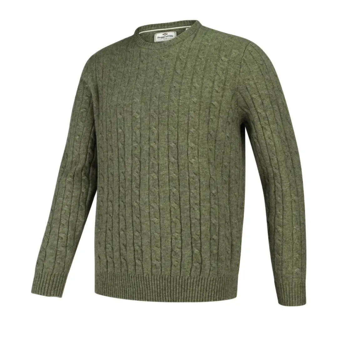 Olive green Fife Jedburgh crew neck cable knit sweater for cozy style