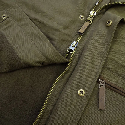 Military-style olive green jacket with zippers for the Kincraig Field Waistcoat