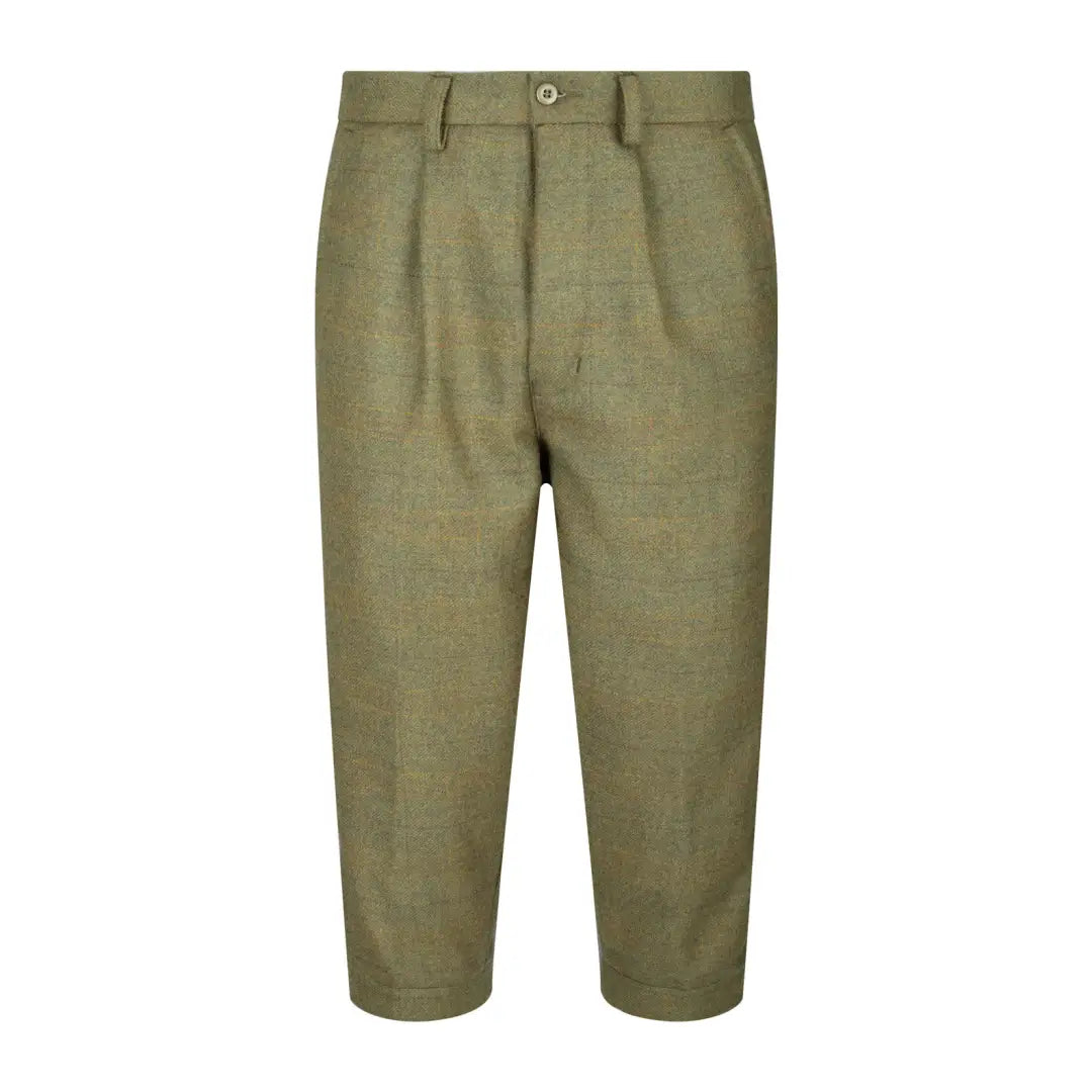 Olive green cropped trousers with pleats from Hoggs of Fife Kinloch Technical Tweed