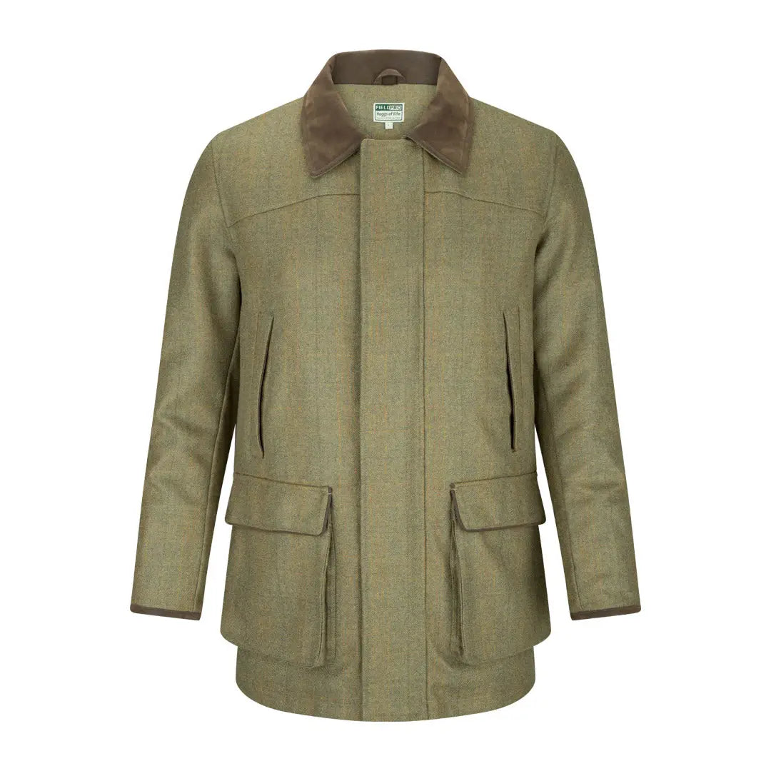 Olive green Hoggs of Fife Kinloch lambswool field coat with pockets and collared neck