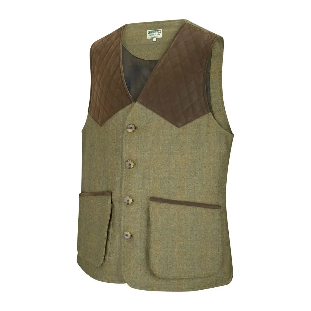 Hoggs of Fife Kinloch Technical Tweed Waistcoat with brown shoulder panels and pockets