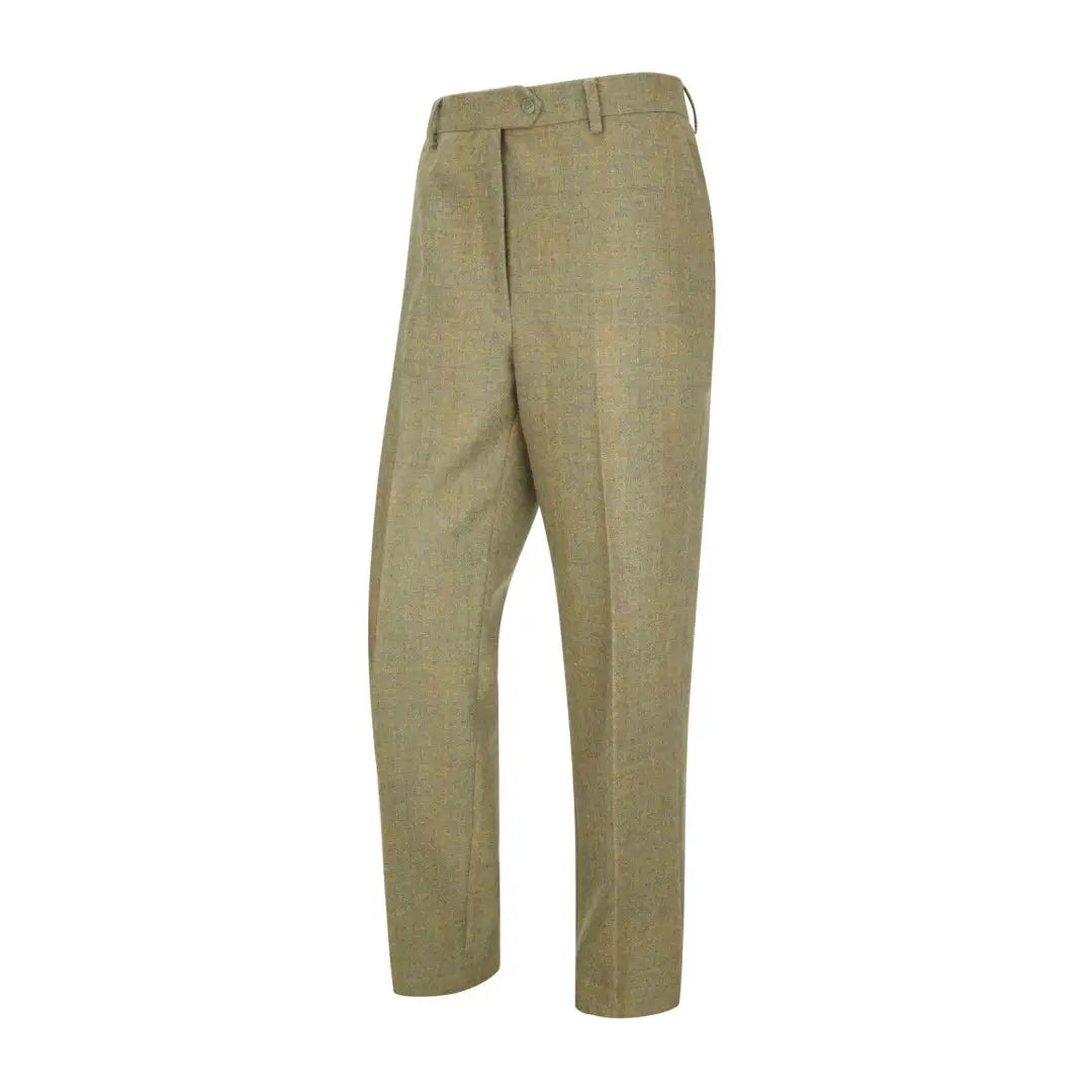 Khaki flat front straight leg Hoggs Of Fife Kinloch Tweed Trousers in wool tweed