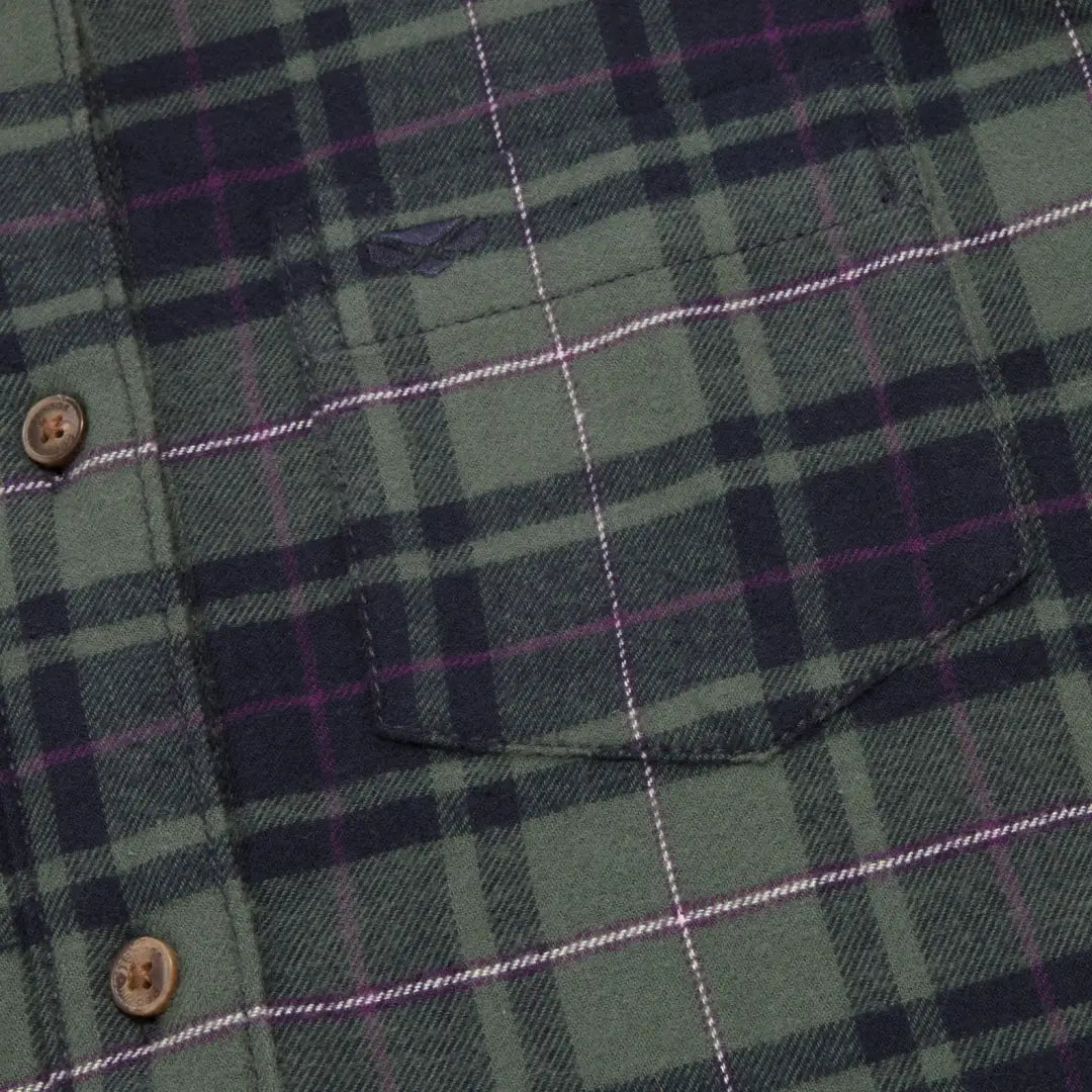 Plaid flannel shirt in green, navy, and pink with microfleece lining and subtle tartan check